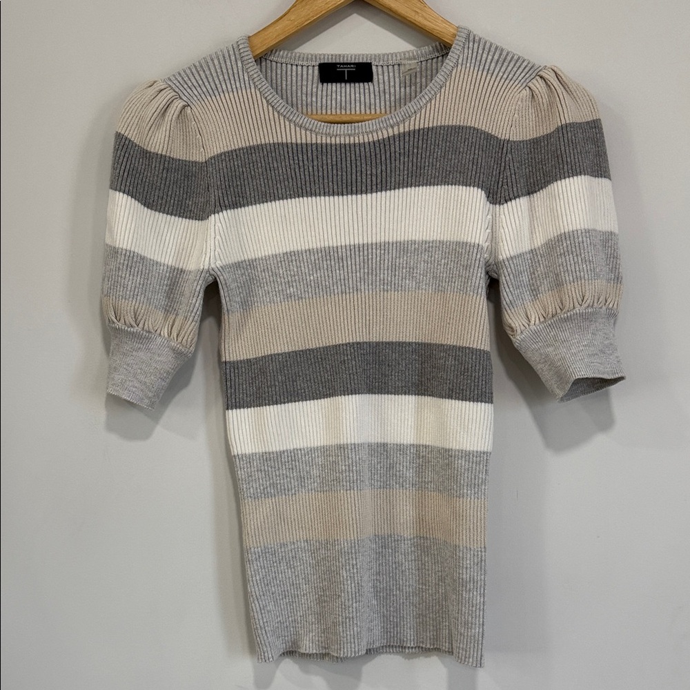Tahari Women's Gray and Cream Striped Ribbed Knit Puff Sleeves Sweater Size XS